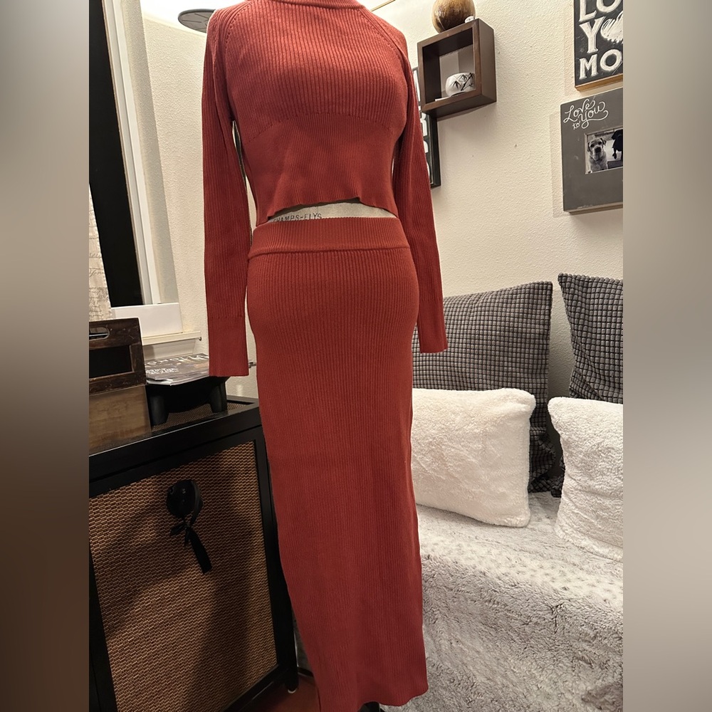 Chic Red Orange Midi Skirt and Top Set